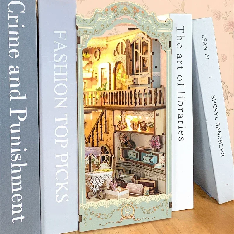 Diy Wooden Book Nook Kit Shelf Insert - DIY de madera Pastoral diario sujetalibros